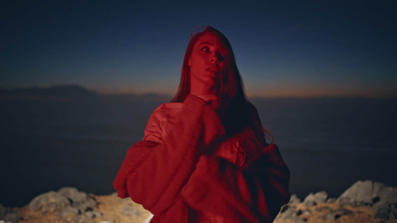 Festive model clubbing neon party outdoors dancing sunset closeup. Girl moving