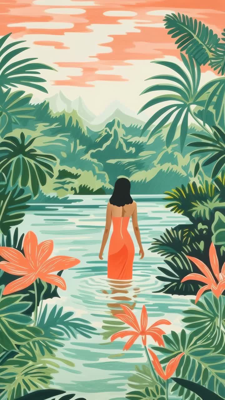 Illustrative style showing a woman in a lake surrounded by lush greenery, viewed from behind