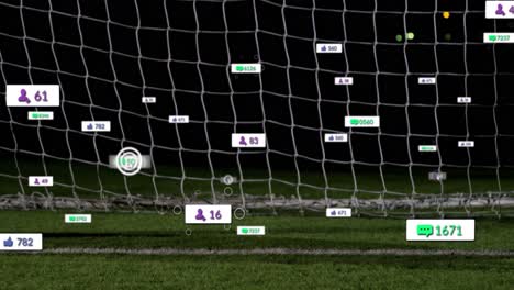 animación de iconos de las redes sociales contra un portero de fútbol masculino caucásico tratando de hacer un salvamento