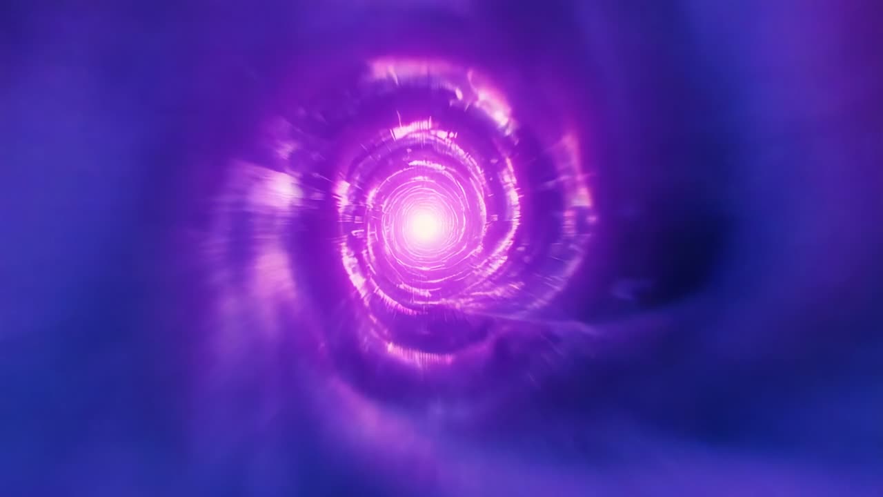 Swirling purple vortex spiraling through cosmic tunnel, pulsating glow drawing viewer inward