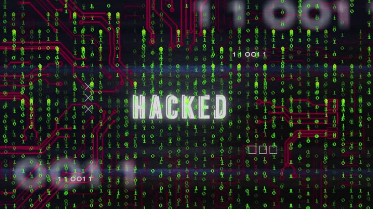 Animation of hacked text and binary coding data processing over circuit board