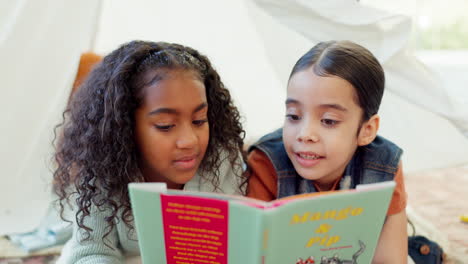 education, reading book and children in tent