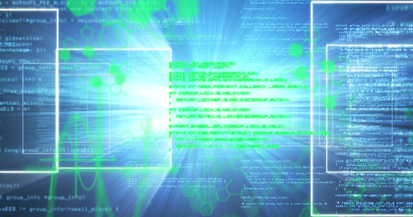 Animation of data processing on screens over blue background
