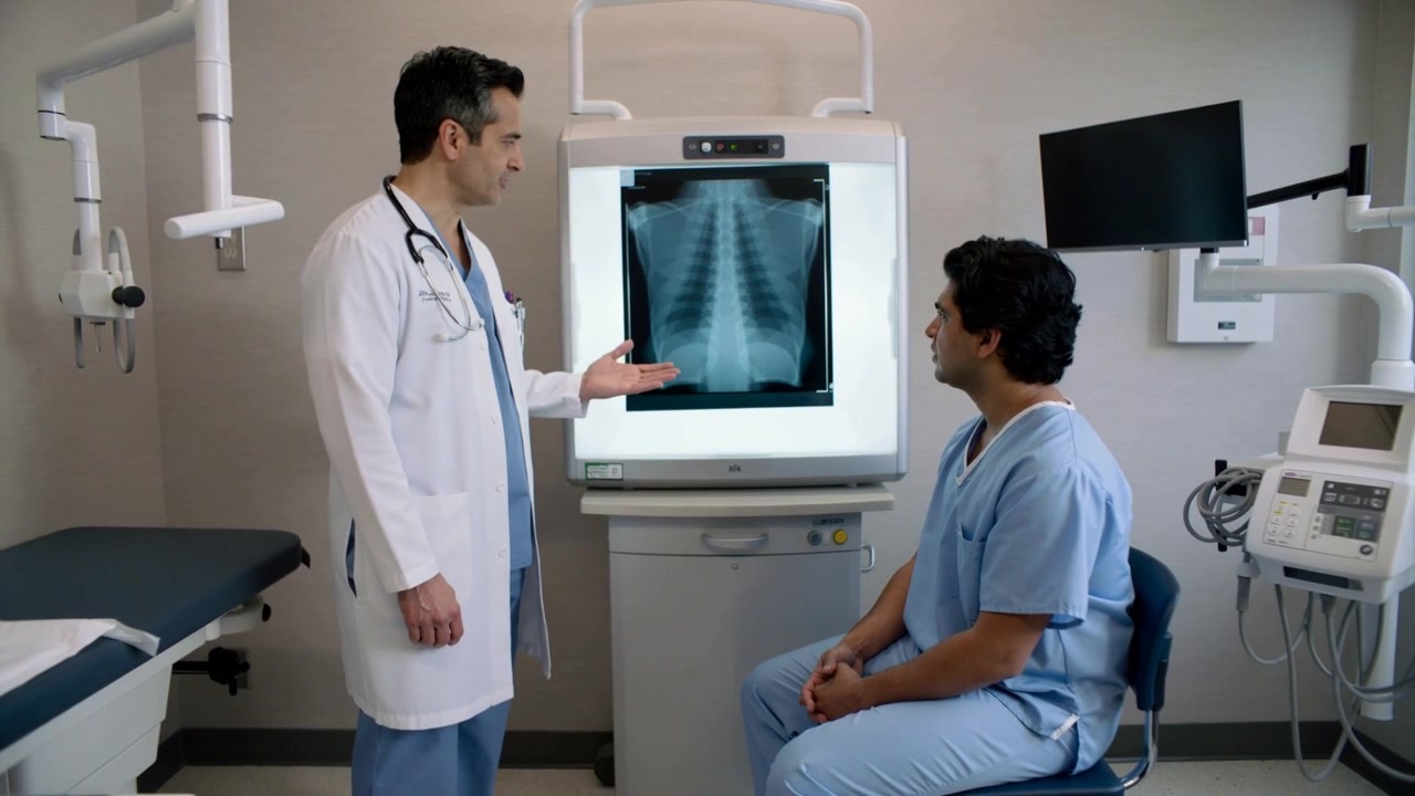 Pointing doctor explaining chest X-ray on lightbox in radiology, patient listening in blue scrubs