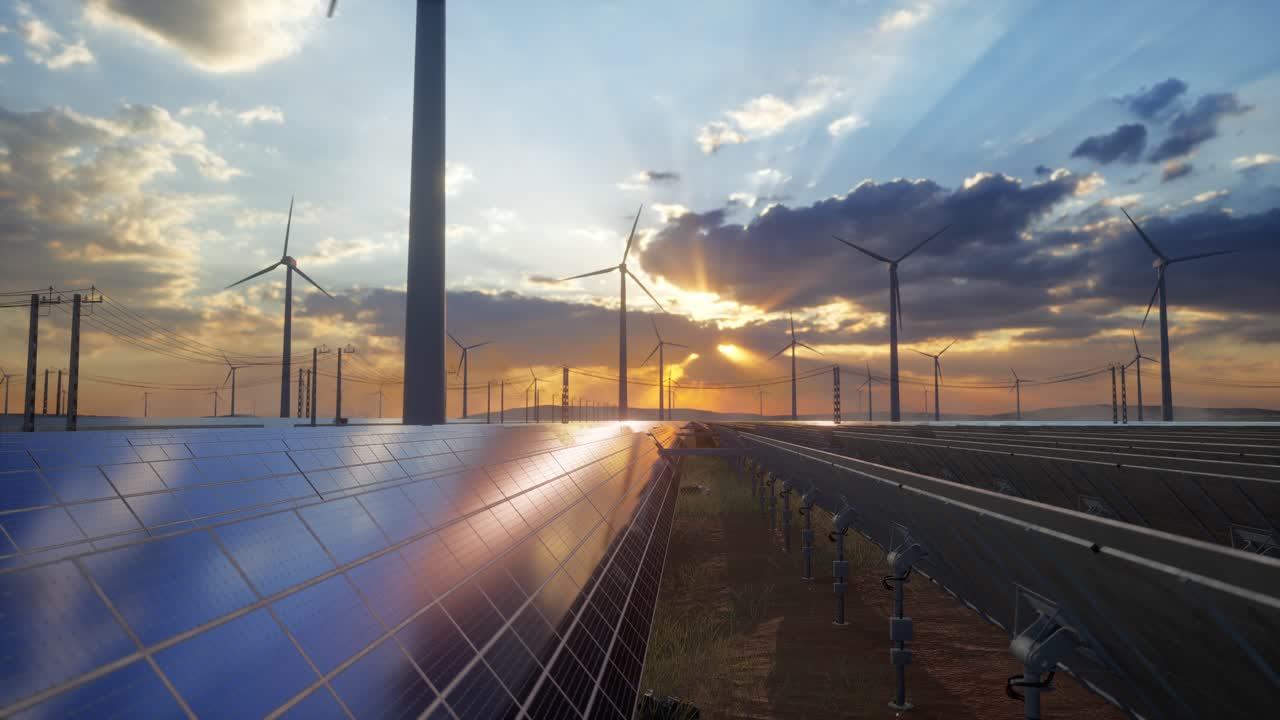 Tramonto su un impianto energetico sostenibile.