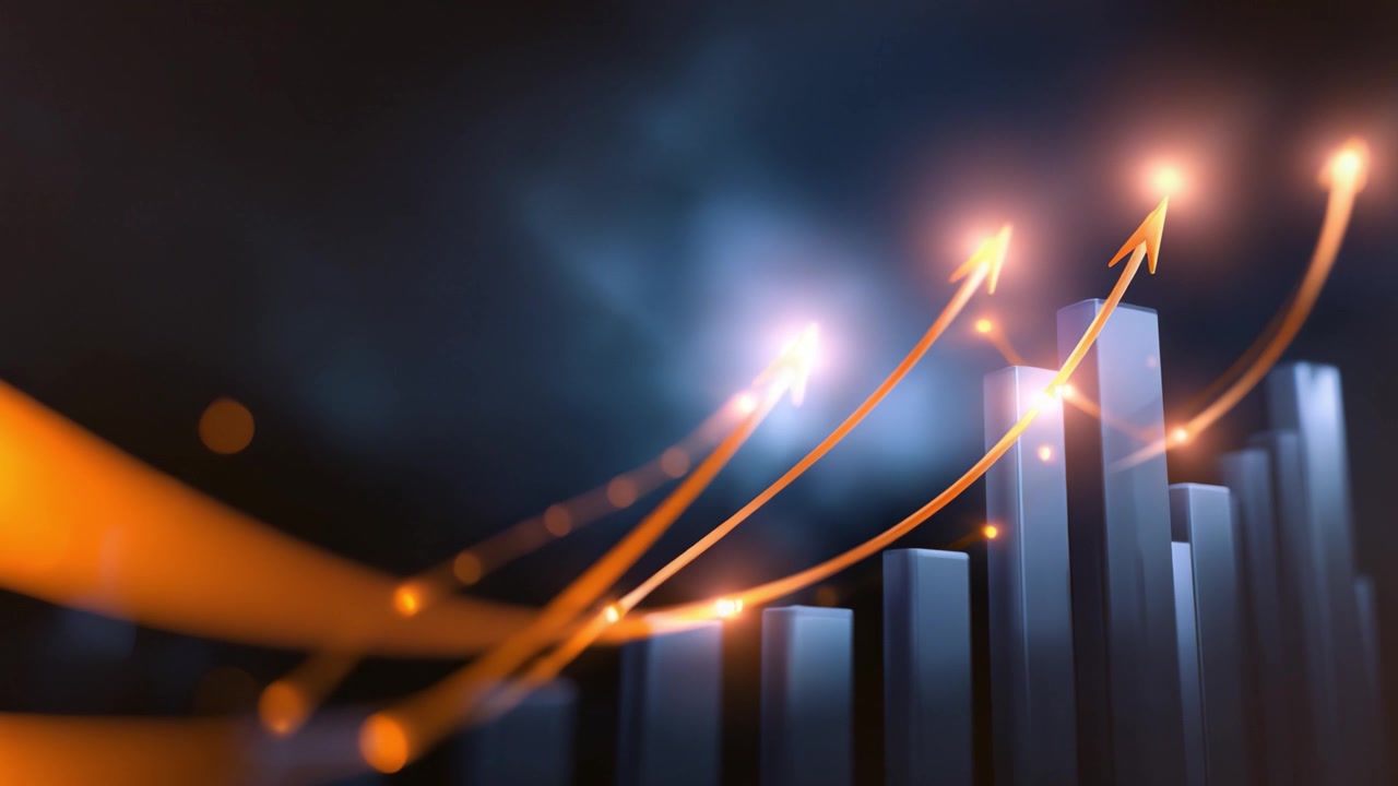 Visual Representation of Increasing Data Trends in a Financial Market with Dynamic Arrows Pointing Upward, Indicating Growth and Positive Change