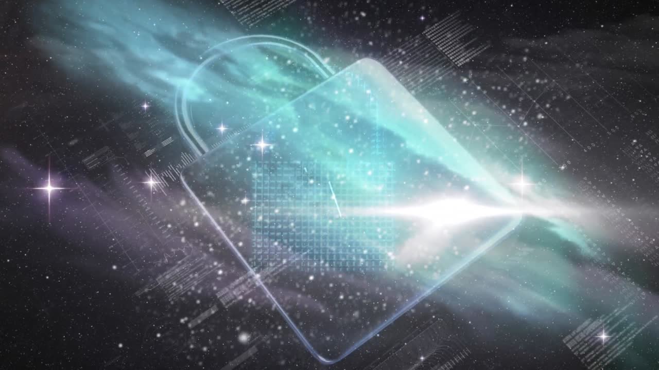 코스모스 배경에 빛으로 데이터를 처리하는  ⁇ 락의 애니메이션