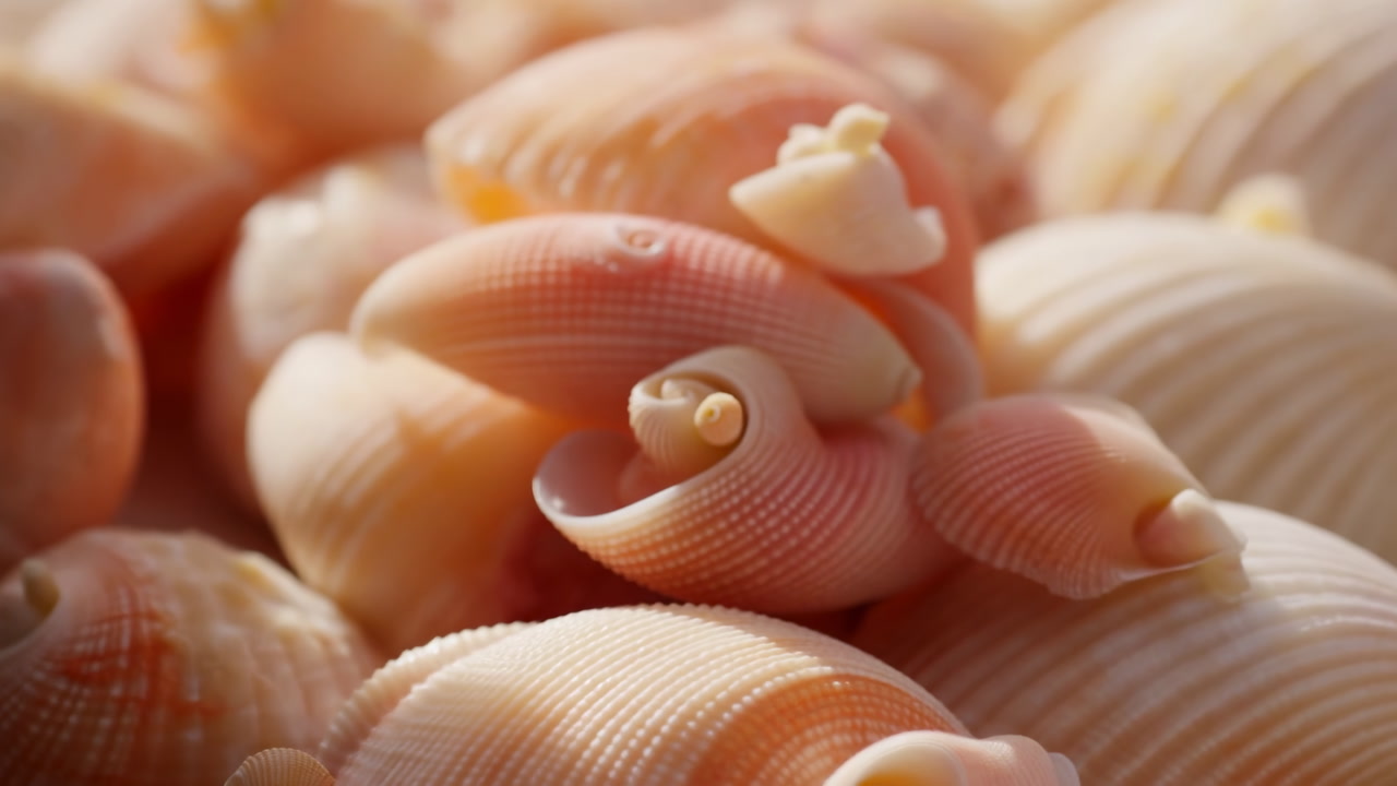 Soft Pink Seashells Closeup Pastel Coastal Still Life With Stacked Spiral Conch Shells Warm Golden Rim Light