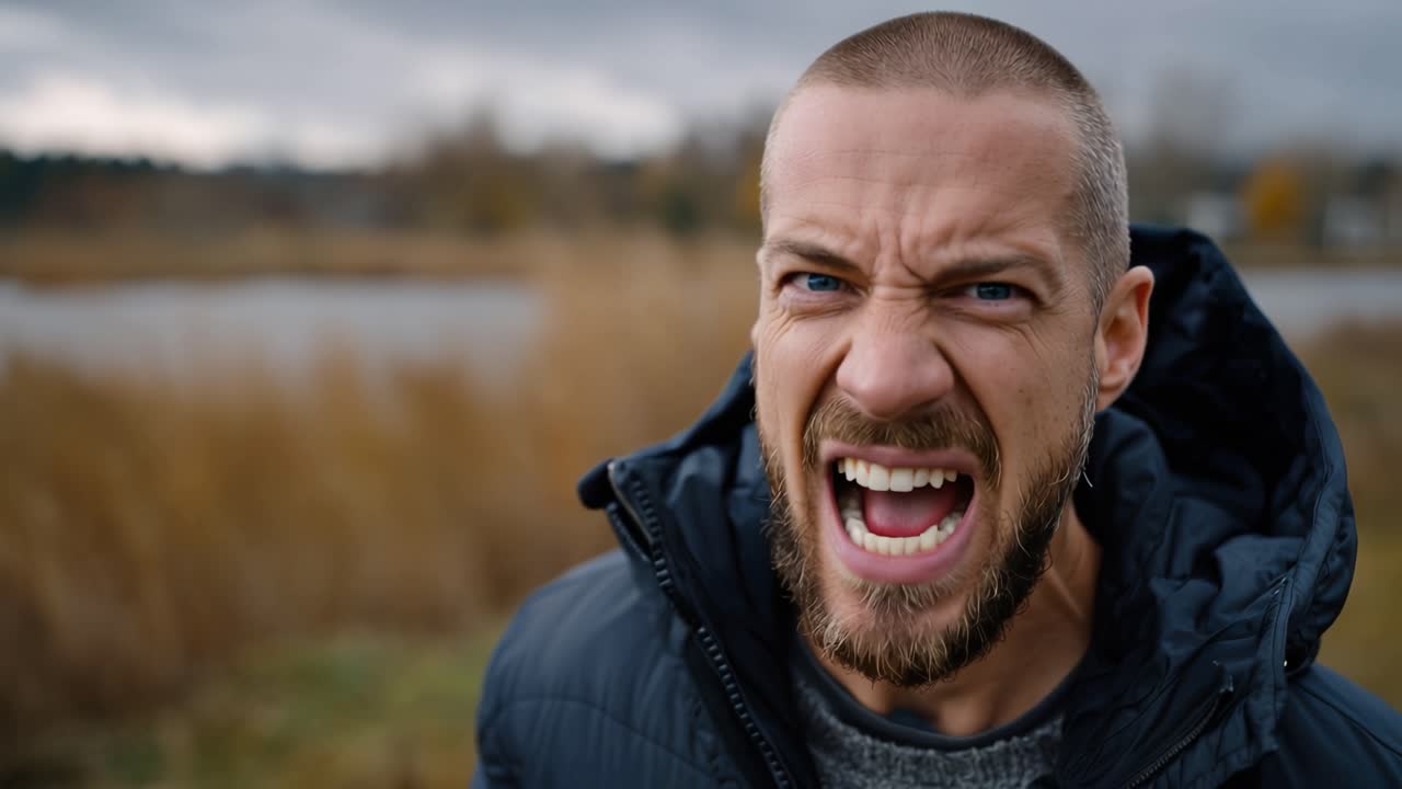 Un hombre expresando emociones intensas al aire libre, mostrando ira y frustración en un entorno natural, capturando la esencia pura de la emoción humana en un momento fugaz.
