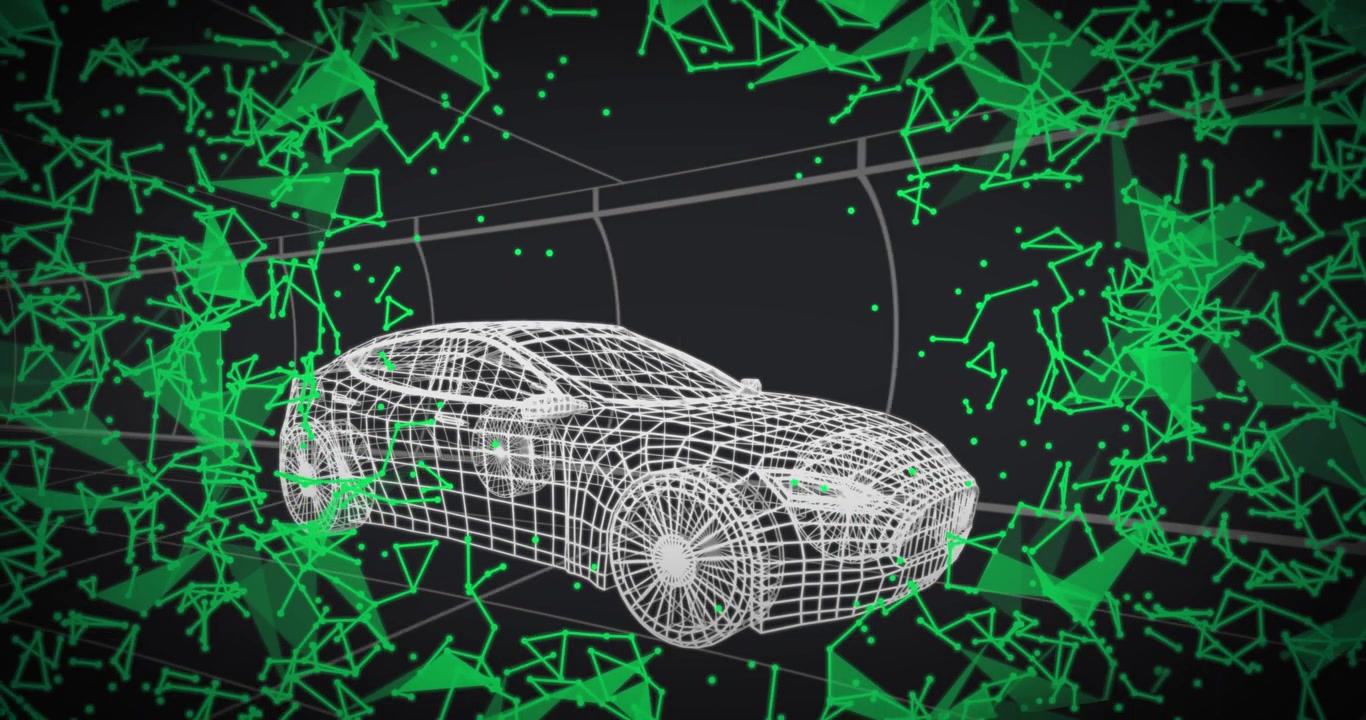 Particelle verdi che emergono dai bordi del tunnel, fluttuando attorno a un modello 3D di berlina, dissipandosi per formare un loop.