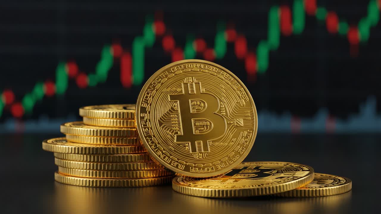 A Close-up View of Stacked Bitcoin Coins Against a Background Featuring Bullish Cryptocurrency Market Trends and Price Movements
