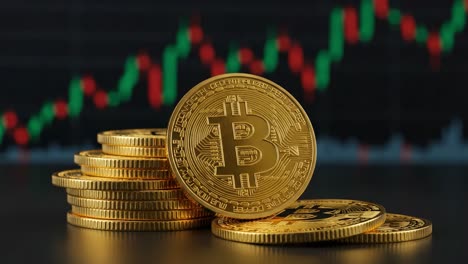 a close-up view of stacked bitcoin coins against a background featuring bullish cryptocurrency market trends and price movements