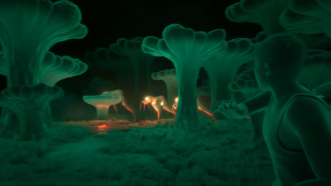 En upptäcktsresande möter bioluminescerande varelser i en mystisk glödande skog