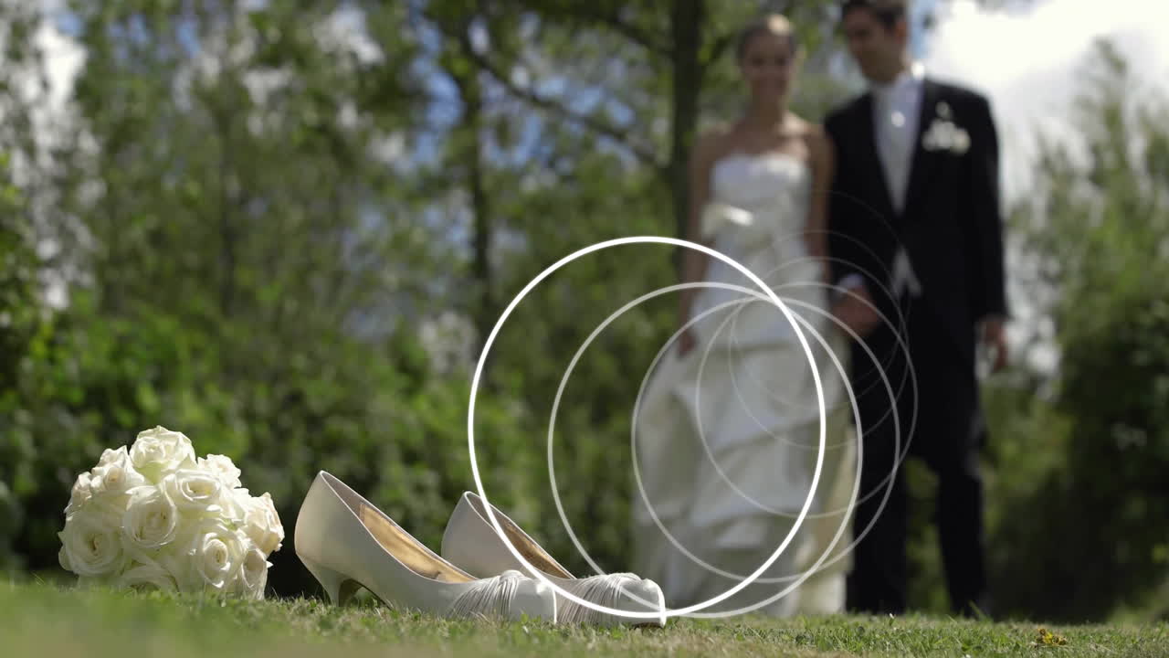 색 동심 원 애니메이션 결혼 부부가 꽃받침과 신발 근처에서 고