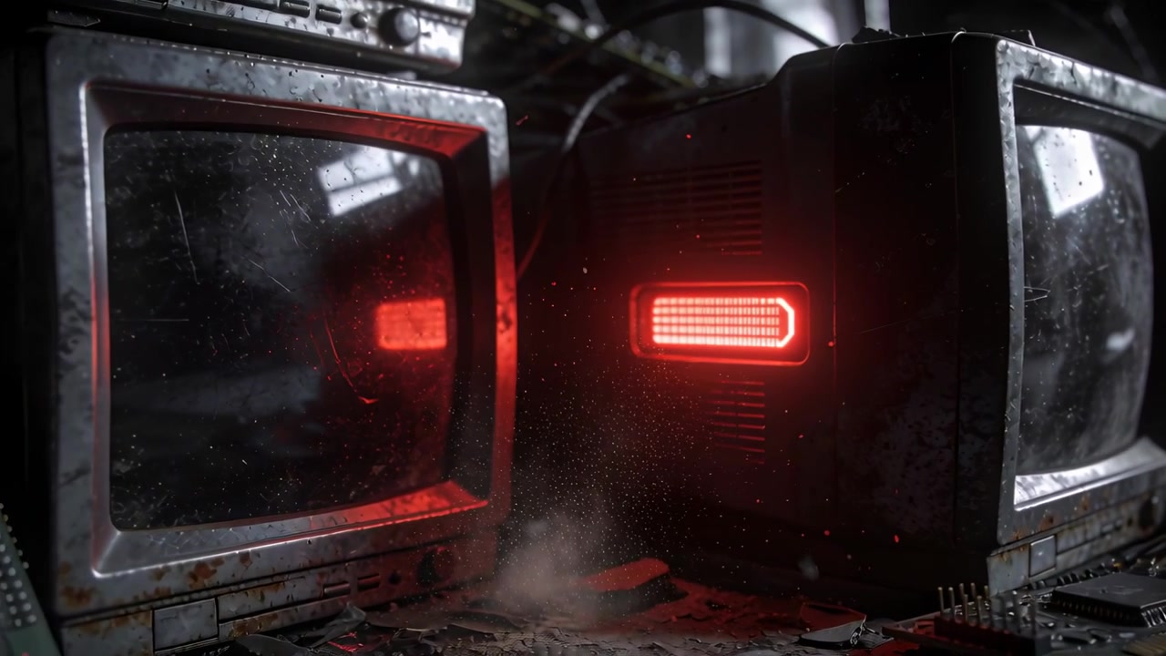 Powering cluster of vintage CRT monitors via power supply at cluttered workshop, red panel glowing