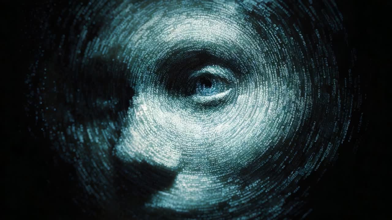 A mesmerizing visual composition that intricately blends technology and humanity, showcasing a hauntingly beautiful face formed from swirling patterns, inviting viewers to ponder the relationship between identity and digital expression