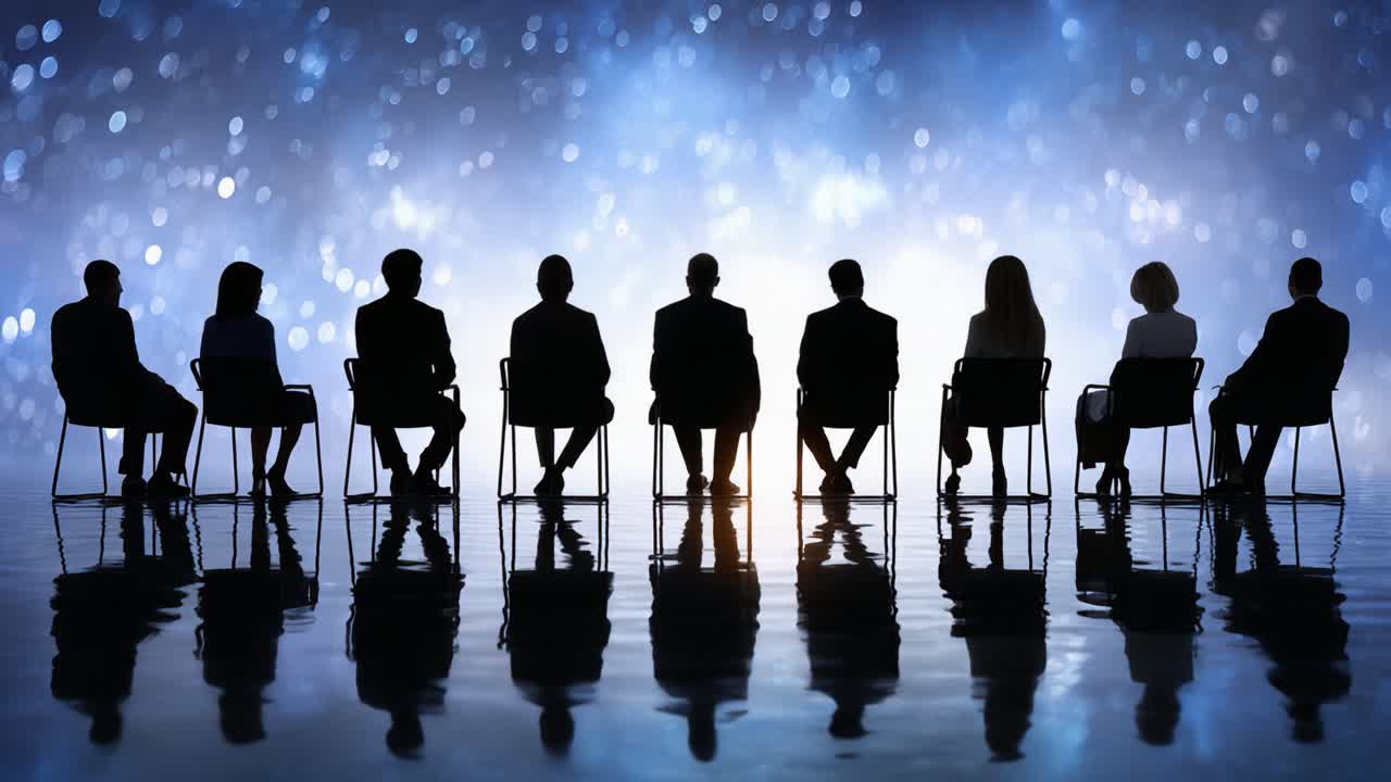 A Captivating Silhouette Scene Featuring Individuals in Chairs Facing a Blissful Blue Background with Radiant Bokeh Effects, Creating an Air of Mystery and Anticipation
