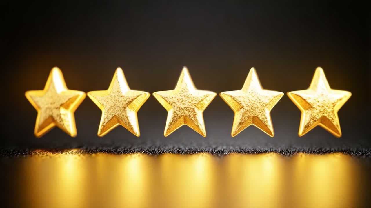 A Close-Up View of Five Gleaming Golden Stars Arranged in a Straight Line, Perfectly Polished and Reflecting Light Against a Dark Background, Symbolizing Excellence and Achievement