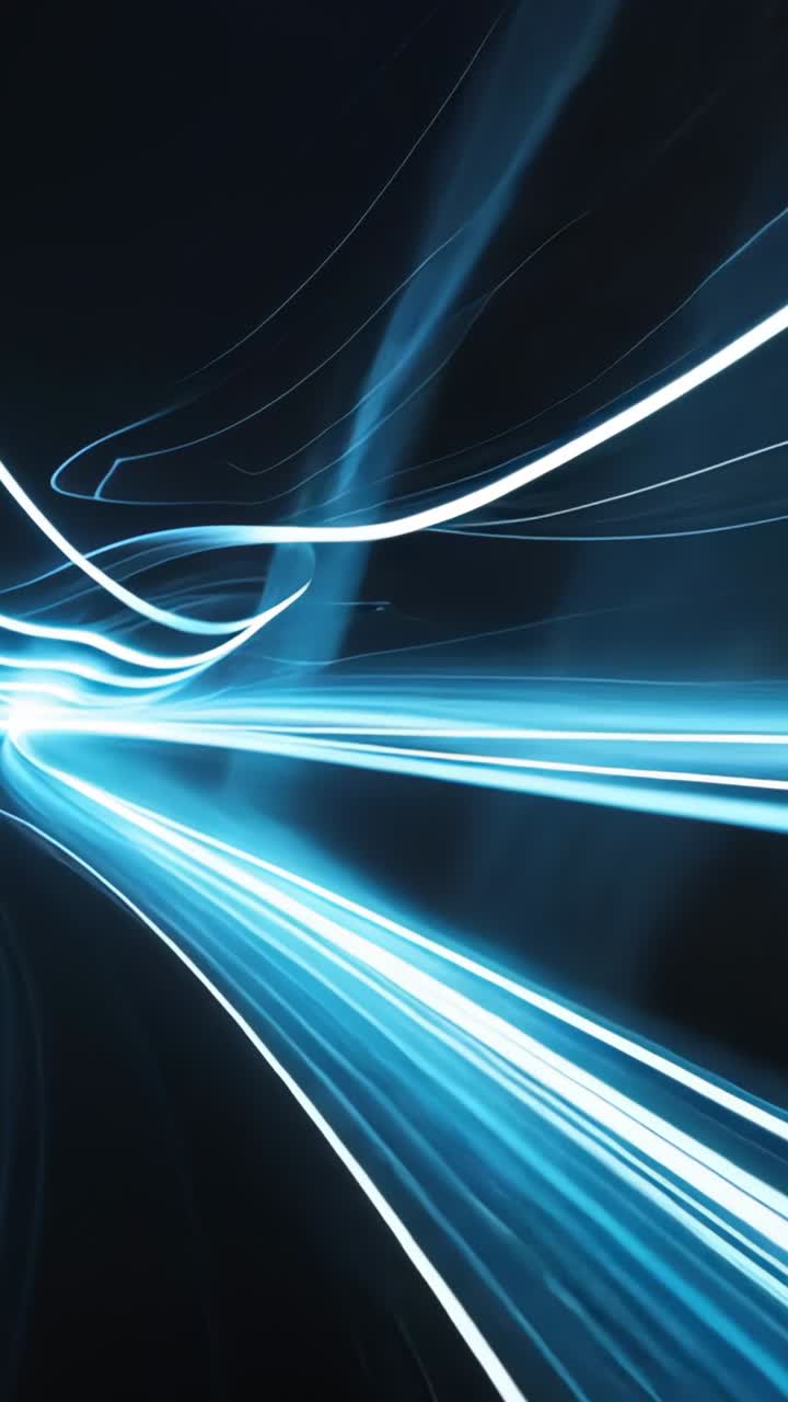 Video verticale: strisce ciano luminose che entrano nel vuoto nero, intrecciando deboli scie e formando nastri