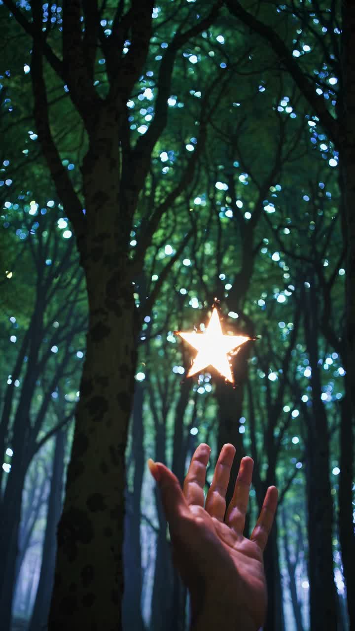 A mystical forest scene with a hand reaching for a glowing star