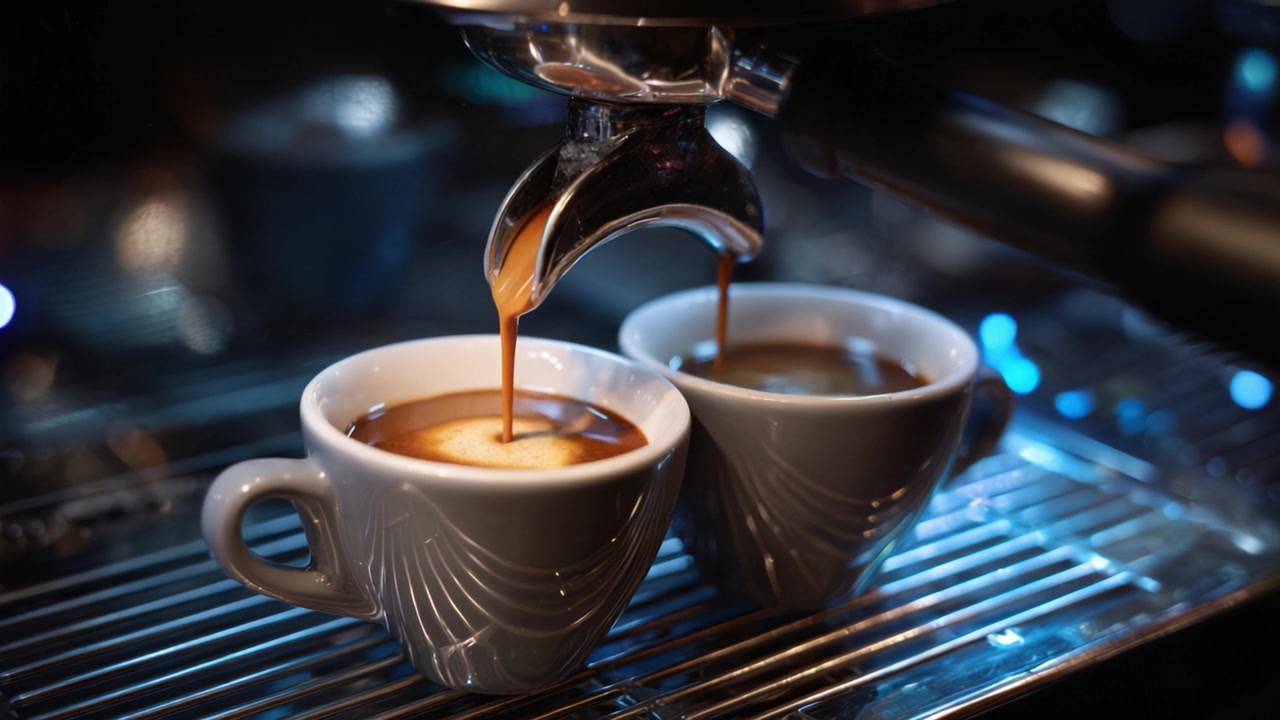 Brygget perfektion: To dampende kopper kaffe tilberedes side om side, hvilket viser rig espresso, der strømmer fra maskinen i en hyggelig caféatmosfære.
