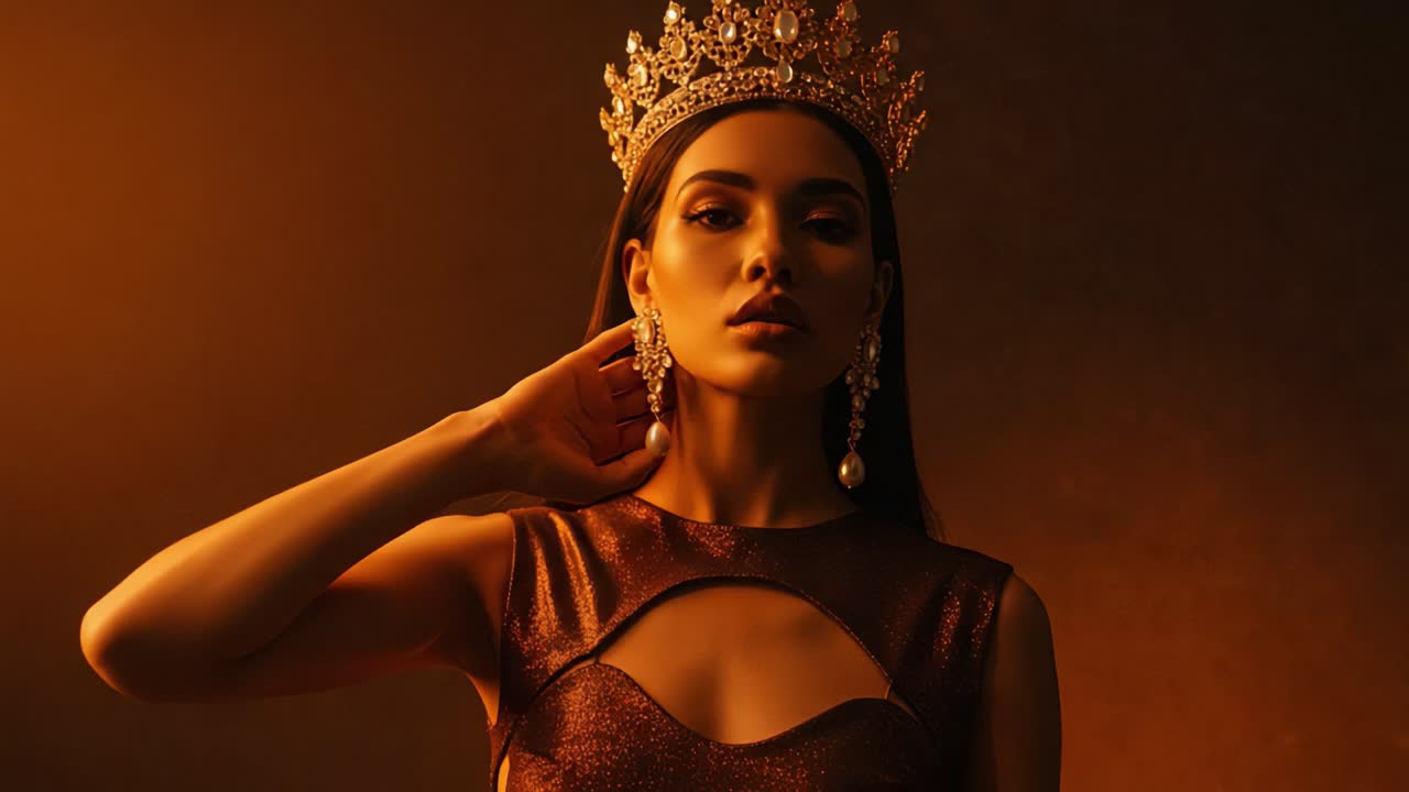 Regal Elegance: A Captivating Portrait of a Beauty Queen in a Stunning Crown, Exuding Grace and Poise Under the Warm Golden Glow of Dramatic Lighting