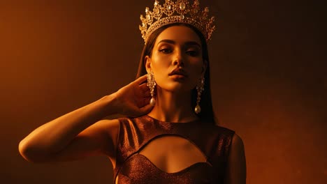 regal elegance: a captivating portrait of a beauty queen in a stunning crown, exuding grace and poise under the warm golden glow of dramatic lighting