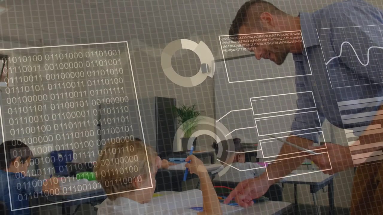 Teacher leaning over after boy holding blue device, guiding task for classroom learning with HUD