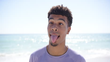 A-young-biracial-man-with-curly-hair-tousled-by-the-breeze-smiles-brightly-on-a-sunny-beach