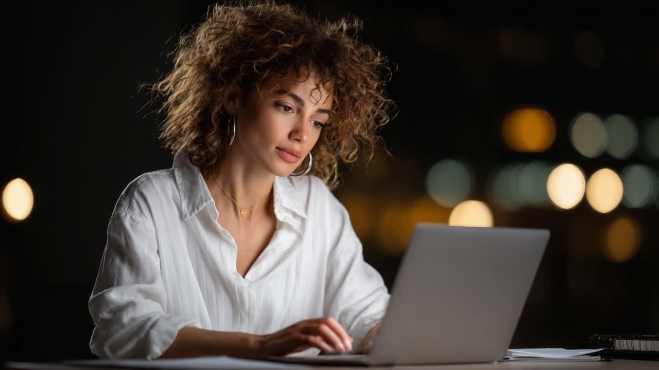Focused Individual Working Late at Night on a Laptop, Engaged in a Task with a Calm Expression Amidst a Blurred Urban Background
