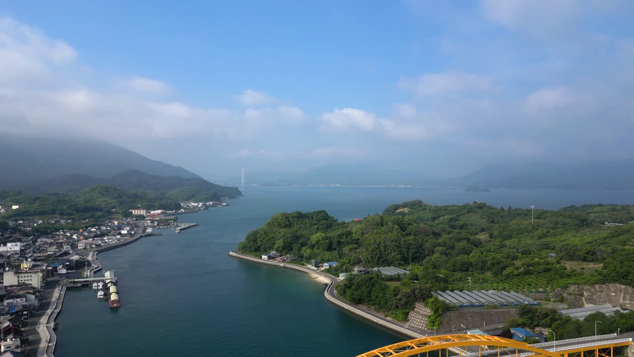 Drone flight over islands of Seto Inland sea in Japan