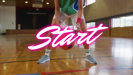 dribbling basketball on court, person with pink start animation text overlay