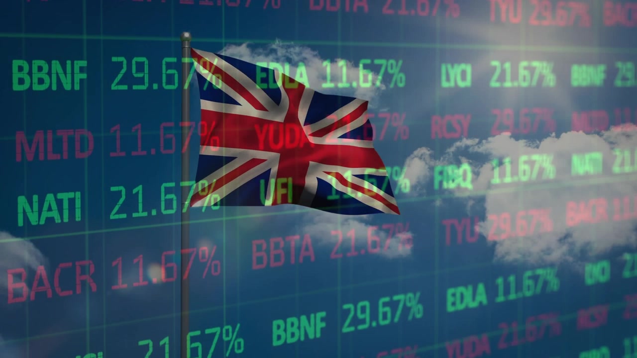 Animazione di elaborazione dati di borsa su bandiera del Regno Unito sventolante contro nuvole nel cielo blu.