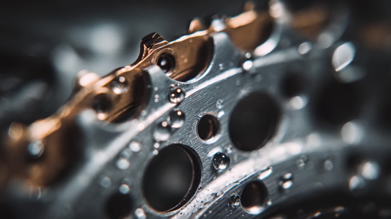 Intricate Close-Up of a Metallic Bicycle Chainring Glistening with Water Droplets, Capturing the Reflections and Textures of Precision Engineering in Motion