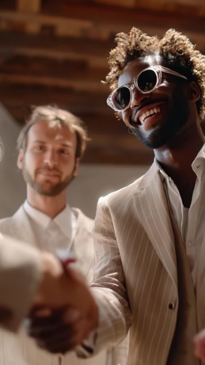 Joyous Celebration: Two Friends Greet Each Other with a Warm Handshake Amidst a Beautiful Venue, Radiating Positive Energy and Happiness