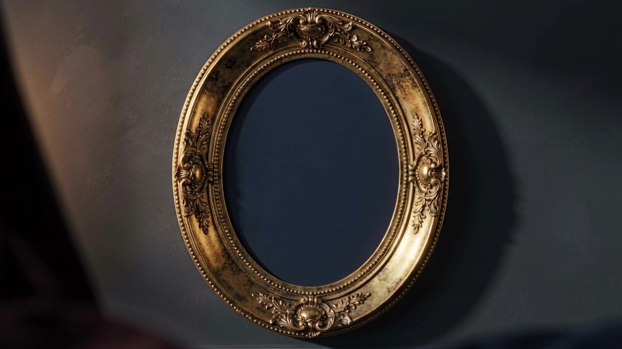 Camera pushing, moving ornate oval gilded frame closer at studio wall, revealing deep-blue backing
