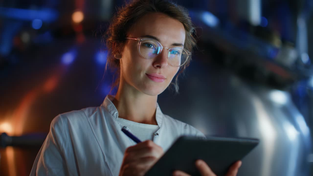 A focused young female scientist in a laboratory setting, wearing glasses and a white lab coat, demonstrates her attention to detail as she takes notes on a digital tablet in a well-equipped research environment