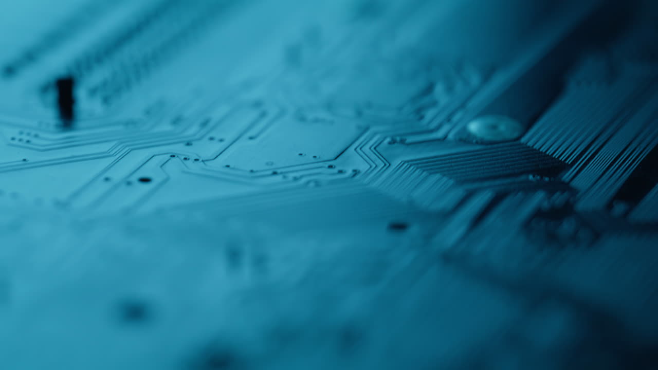 Closeup circuit showing intricate design inside tech lab. Electronic component