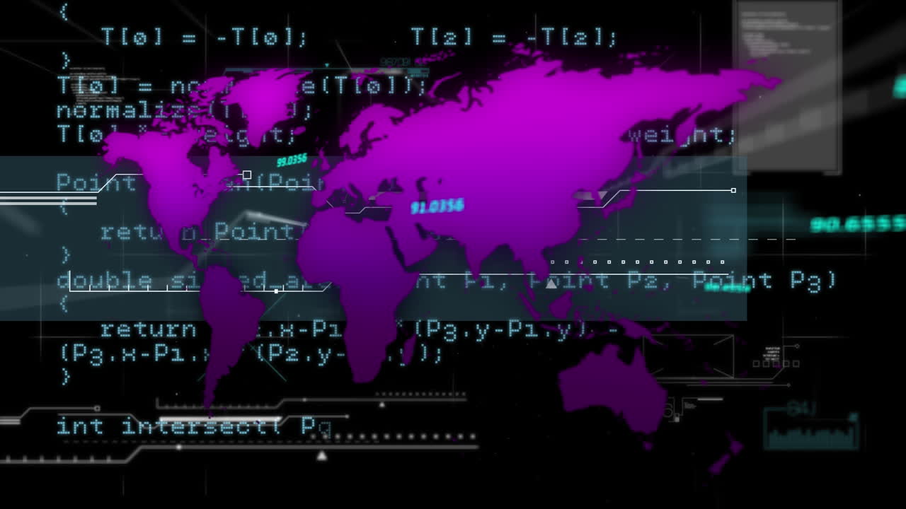 Animation of purple world map and data processing, on black