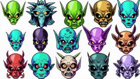 vibrant collection of cartoon monster and alien heads