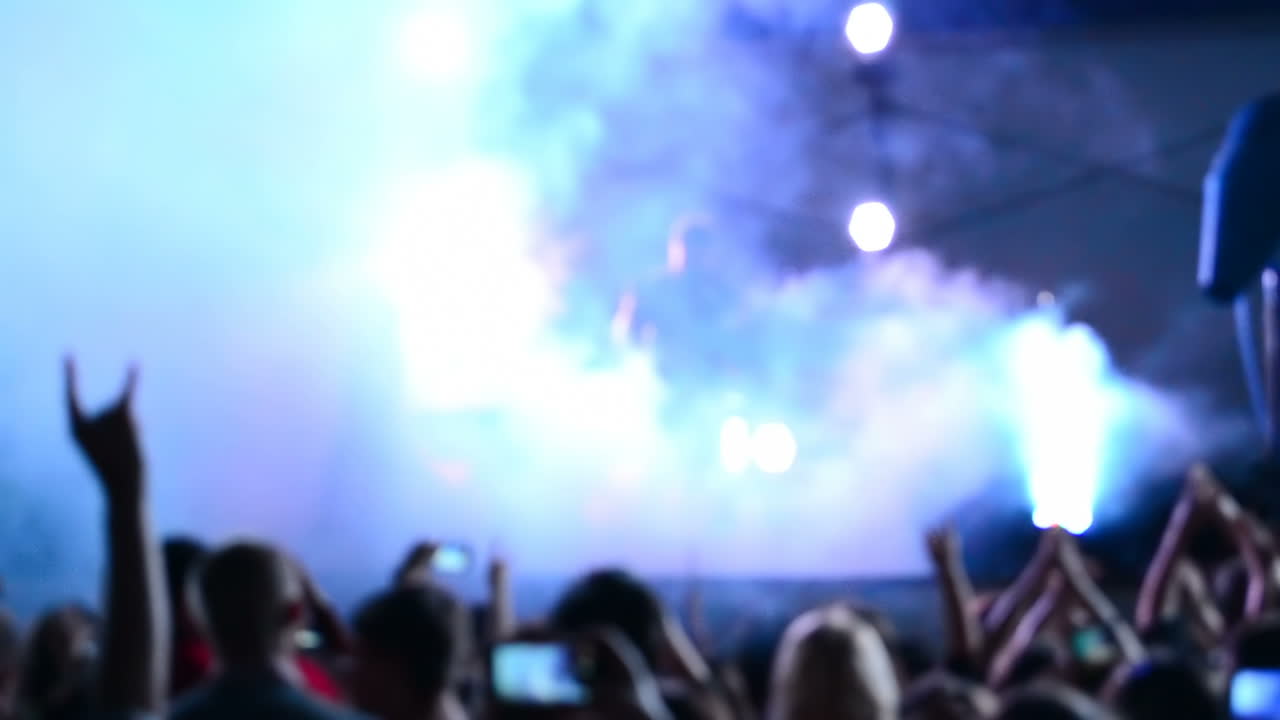 Concerto di gruppo rock su un palco. Sfocato. Scatto notturno.