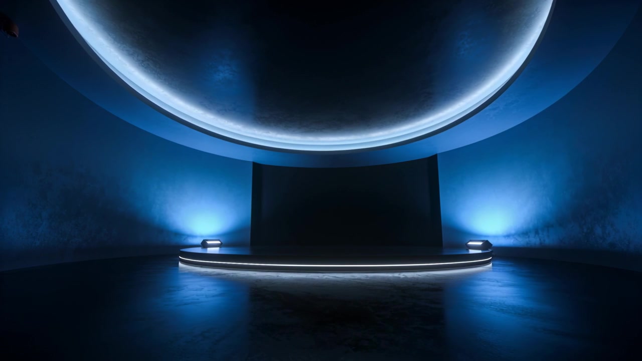 Pulsing LED rim driving sphere and stage casting reflections on glossy floor in exhibit for demo