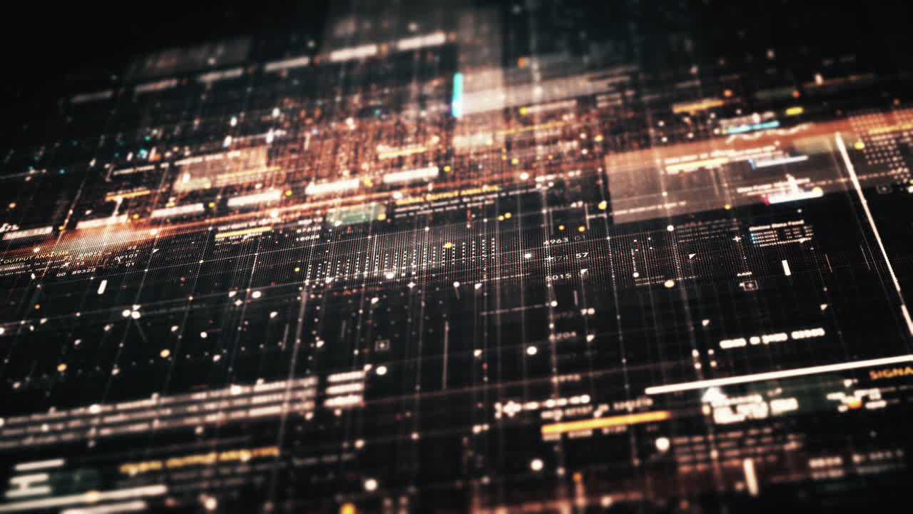 Advance data matrix, telemetry and encrypt numbers simulation user interface display in cyber space abstract de-focus environment background
