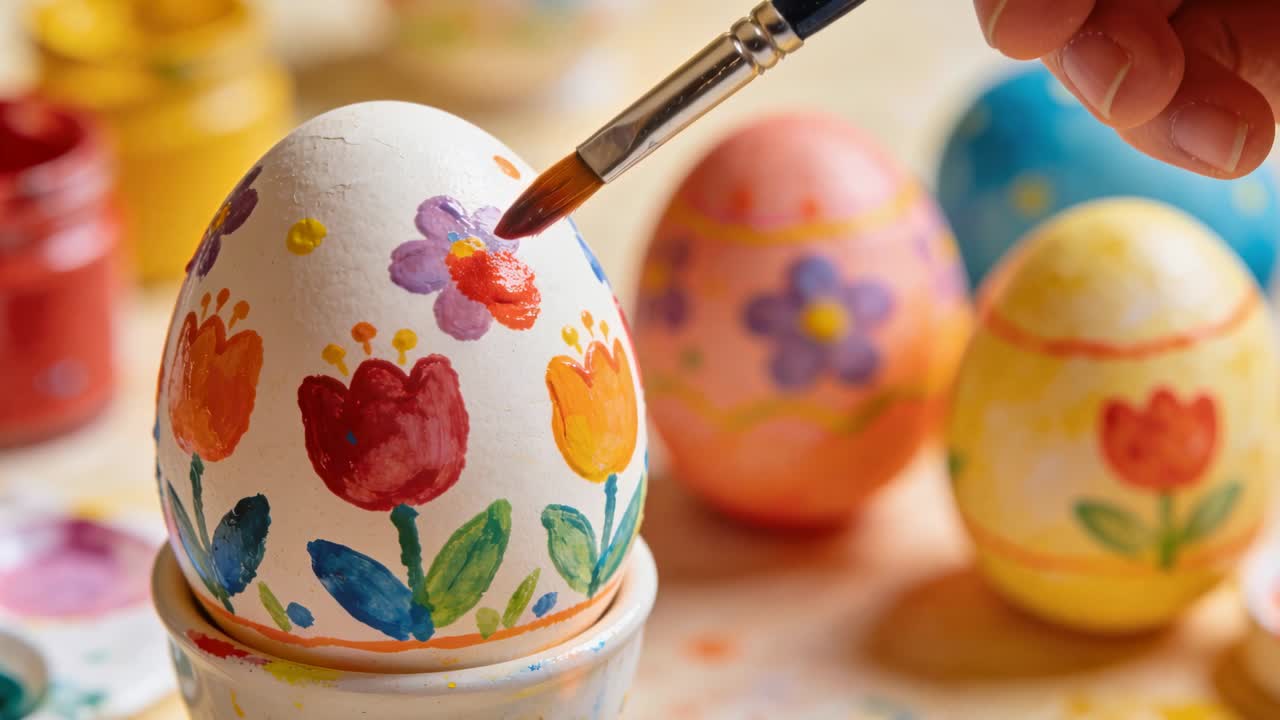 Approaching brush applying orange-red center on purple petal of white egg in egg cup for detail