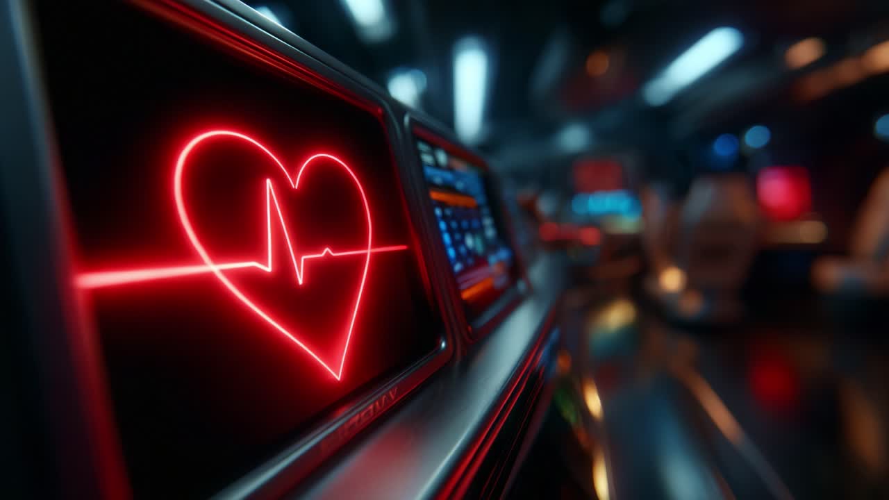 A captivating depiction of a glowing heart monitor, showcasing a red heartbeat line against a sleek, futuristic background, symbolizing life, vitality, and advanced technology in a modern medical setting