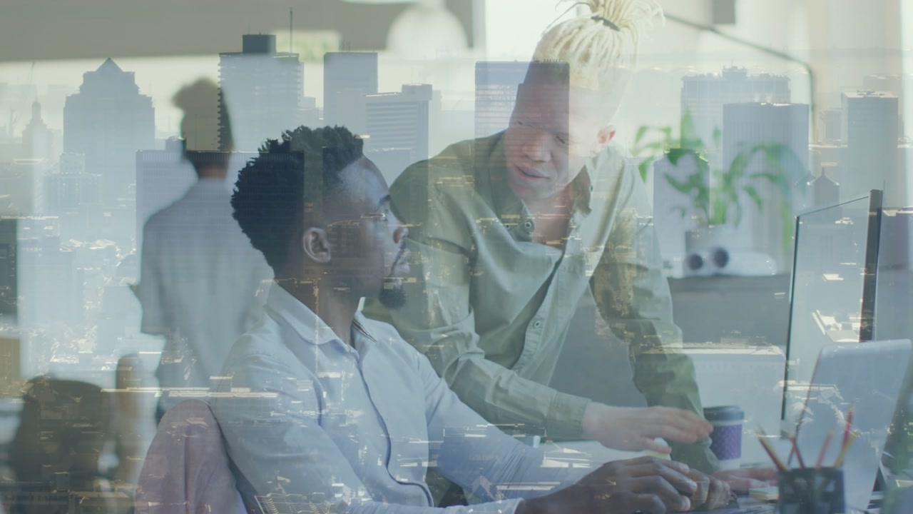 Animation of diverse business people over cityscape