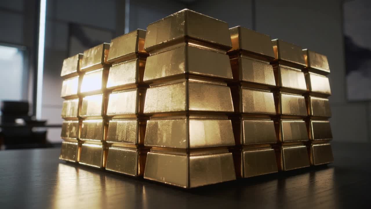 Câmera se movendo para a direita e inclinando para cima em uma mesa de escritório, revelando um brilho quente em barras de ouro empilhadas.