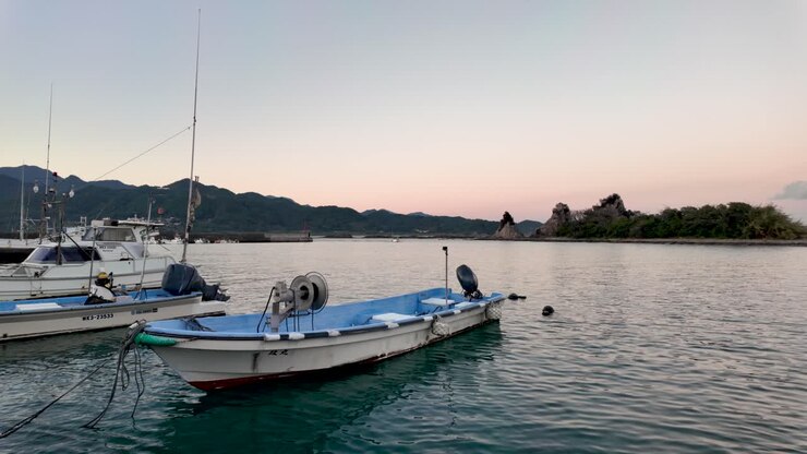 Boats gently floating in Nachi Bay with Benten Island in the background, capturing the serene atmosphere of the golden hour