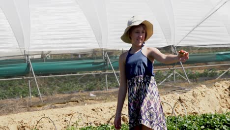 Girl-holding-strawberry-in-the-farm-4k