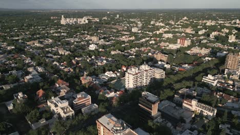 city of mendoza, aerial drone fly above metropolitan area, town in argentina, sky, buildings, cityscape architecture and green trees